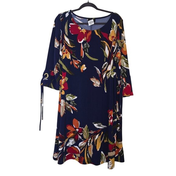 Womens MSK Floral Print Navy Dress XL 3/4 Sleeve Tie Cuffs Lightweight Soft Stre - Picture 1 of 11